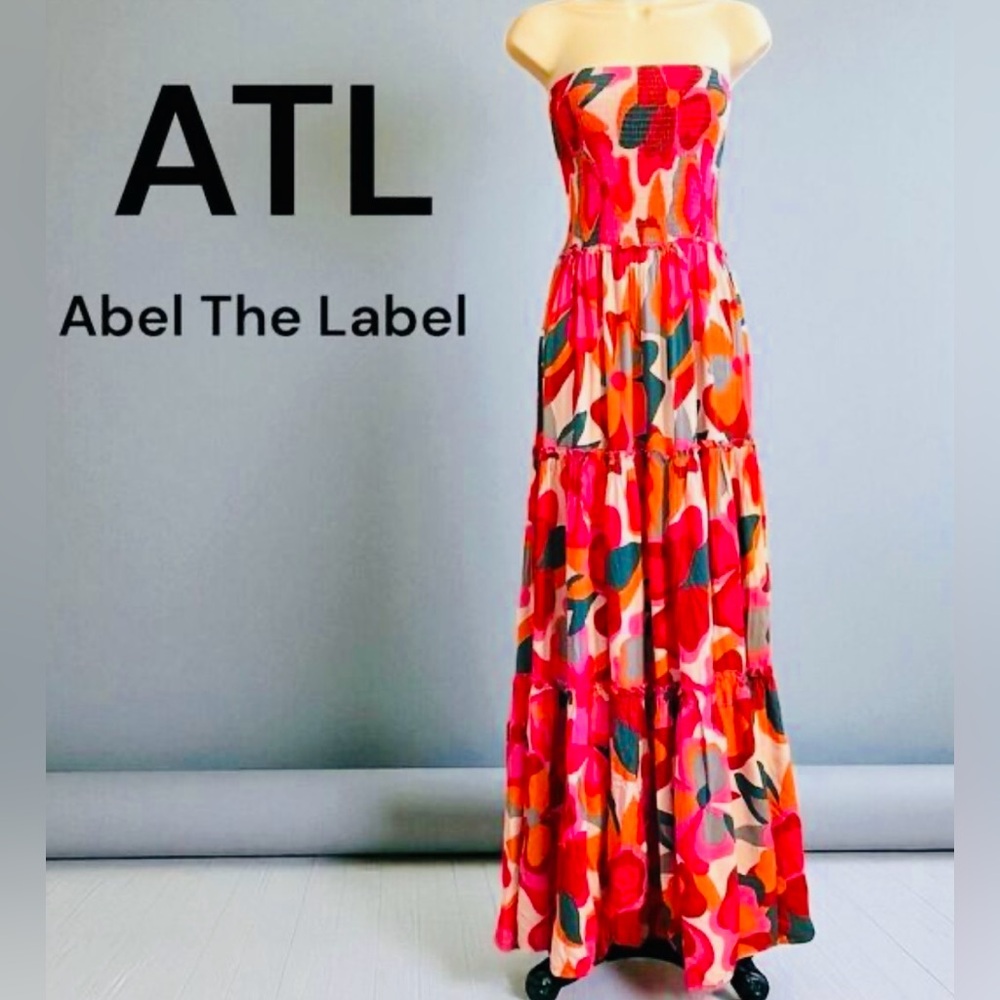 ABLE THE LABLE vibrant pink floral strapless, tiered maxi Bandeau dress - Picture 3 of 5
